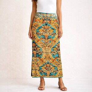 Peruvian Connection 100% Prima, Cotton, Maxi Pencil Skirt Boho Baroque Floral M